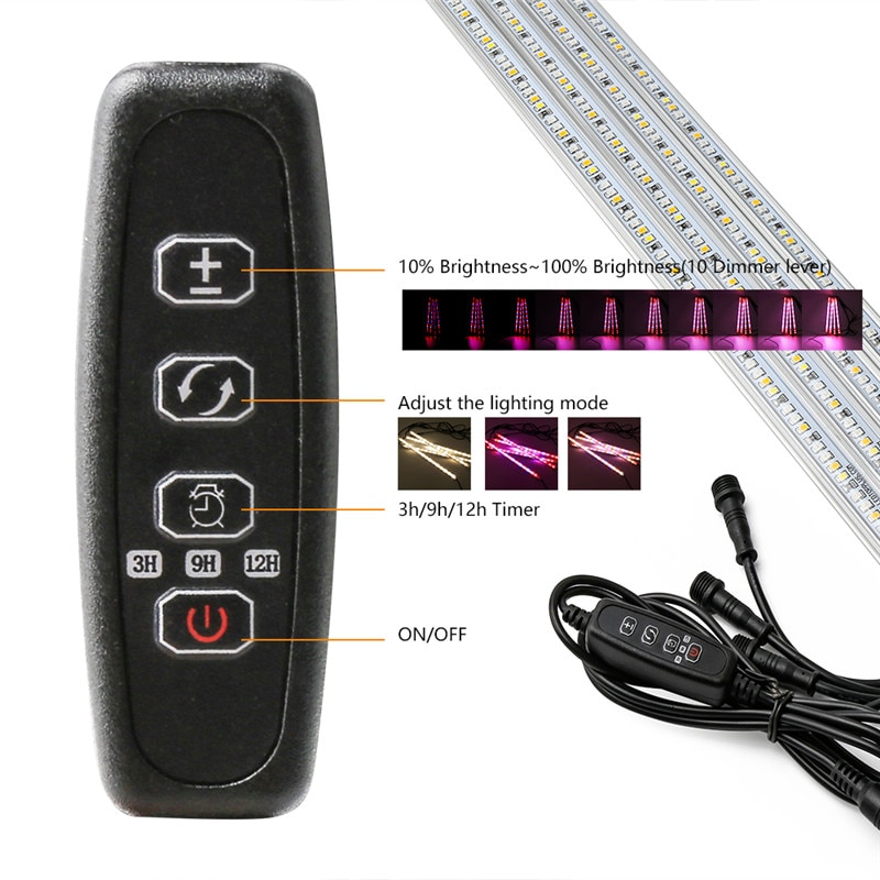 4 stuks led kweeklampstrips volledig spectrum/rood+blauw/warm wit kamerplanten zaden fytolamp timing dimmer met / 12v 5a