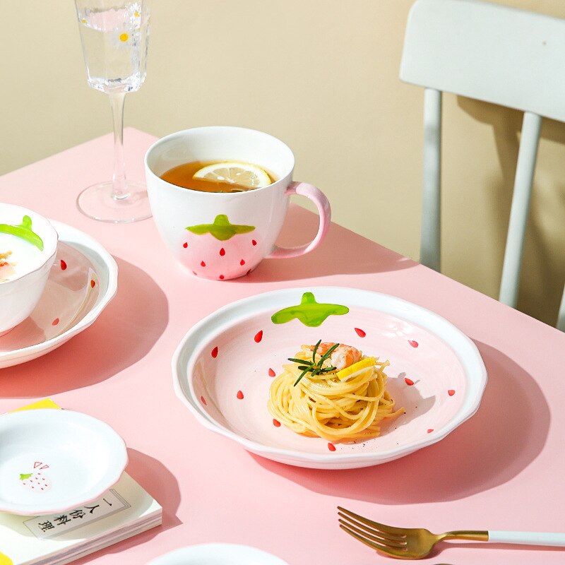 Ceramic Dinnerware Set Pink Dish Soup Spoon Noodle Plate Mug Food Bowl Girls Favor Easily Clean Home Use 1 Pcs Strawberry Style