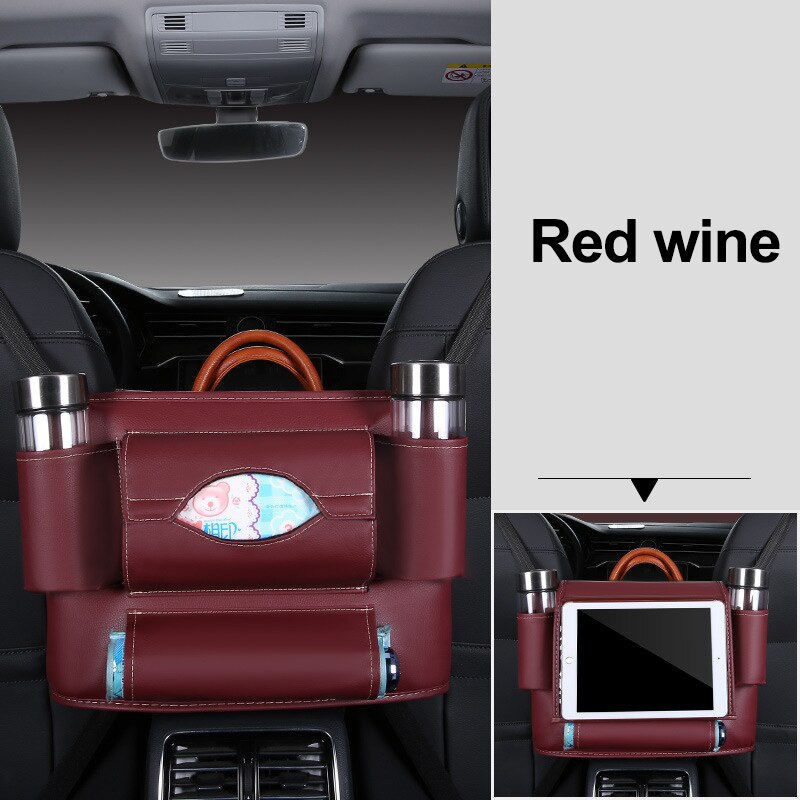 Autostoel rugleuning hangende opbergruimte stoel organizer pu lederen tissue opbergzak bekerhouder opbergen opruimen accessoires voor autostoelen: Rode wijn