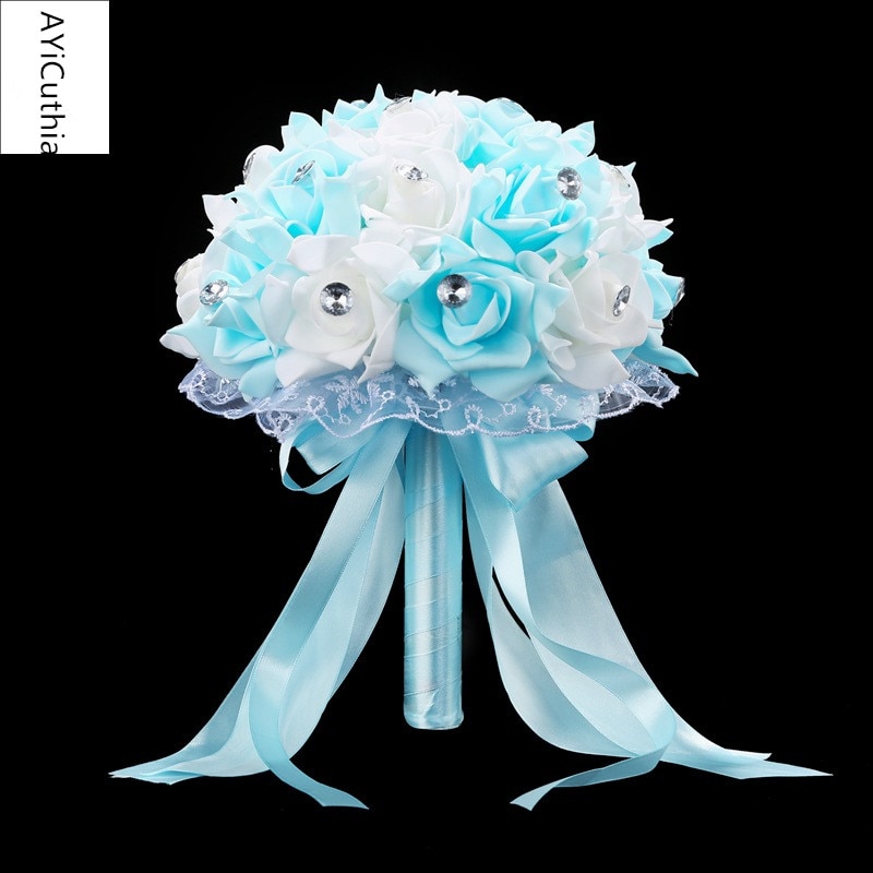 AYiCuthia Bridal Bouquet for Wedding Blue and White Wedding Bouquet Handmade Artificial Flower Rose buque casamento s133