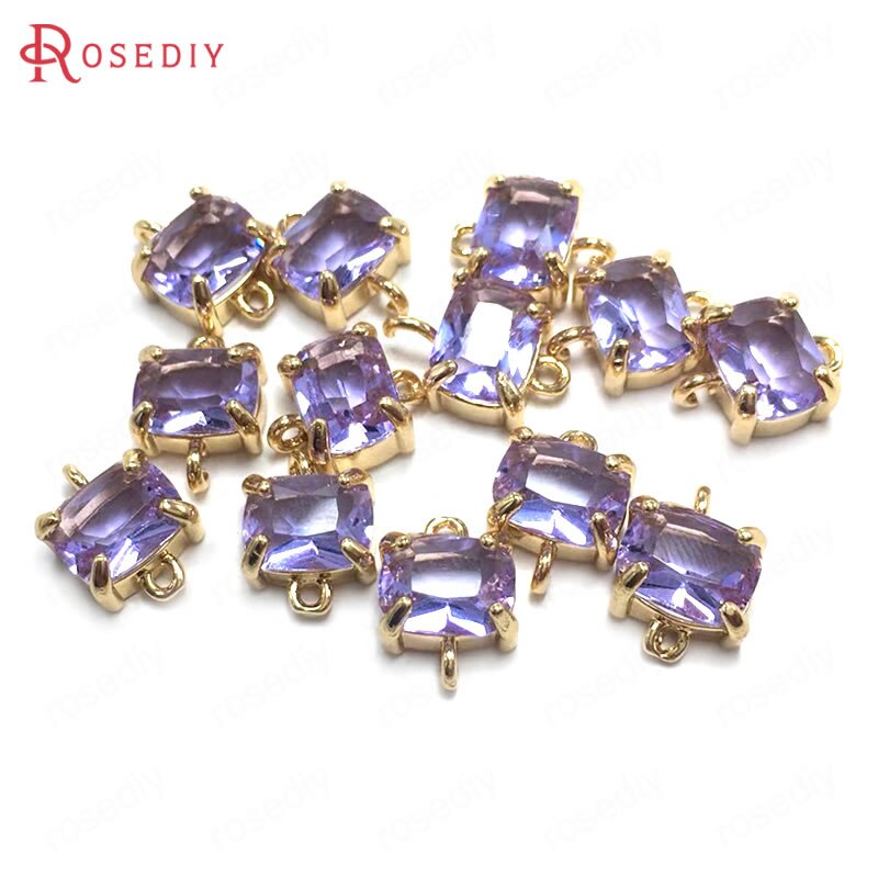 (38230)6PCS 8x10MM 24K Champagne Gold Color Brass and Glass 2 Holes Rectangle Connect Charms Pendants Diy Findings Accessories: Light Purple