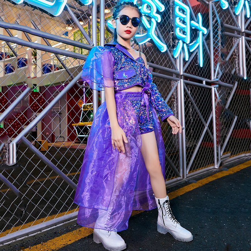 Glimmende pailletten podiumkostuums voor kinderen hiphop performance kleding meisjes jazz dans set paarse band outfit dnv 14051