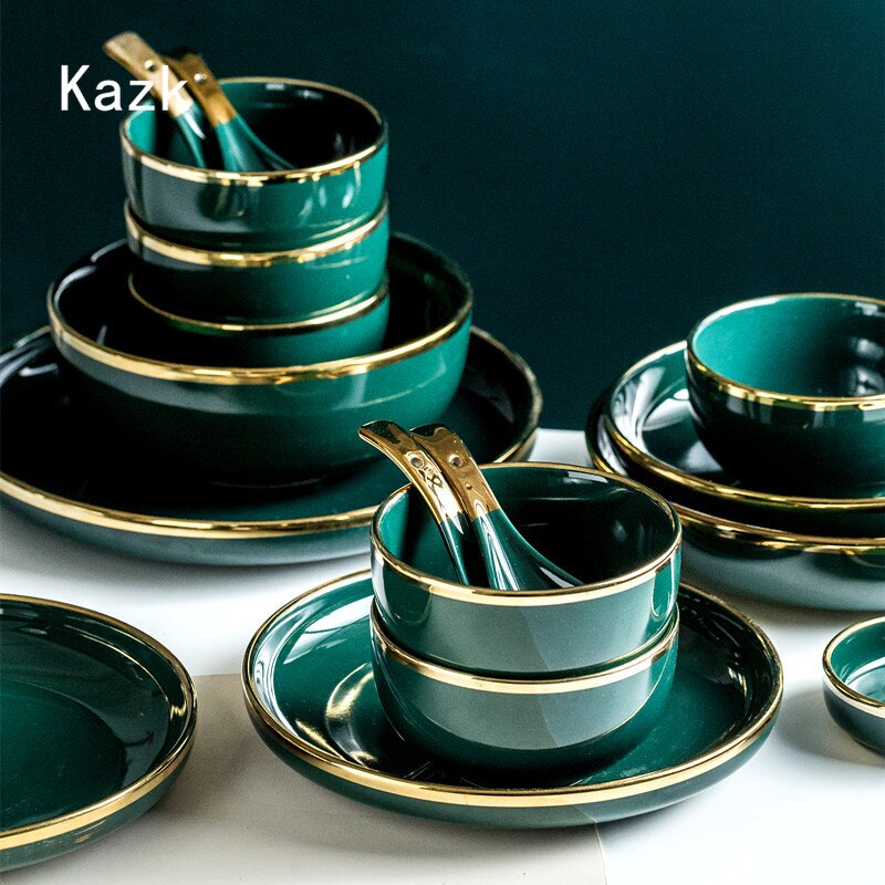 Light Luxury Gold Edge Ceramic Plate Household Steak Pasta Diner Plate Fish Dishes Dessert Bowl Kitchen Decor Tableware Sets