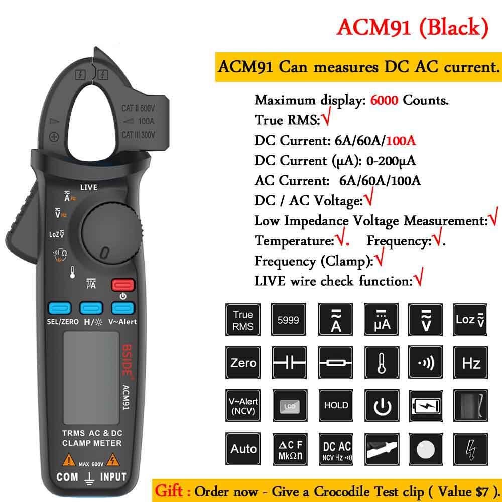 Mini Digital Clamp Meters BSIDE ACM Series True DC AC Current Voltage Ohm Temp Capacitance Hz NCV Tester Ammeter Multimeter: ACM91-black-Gift