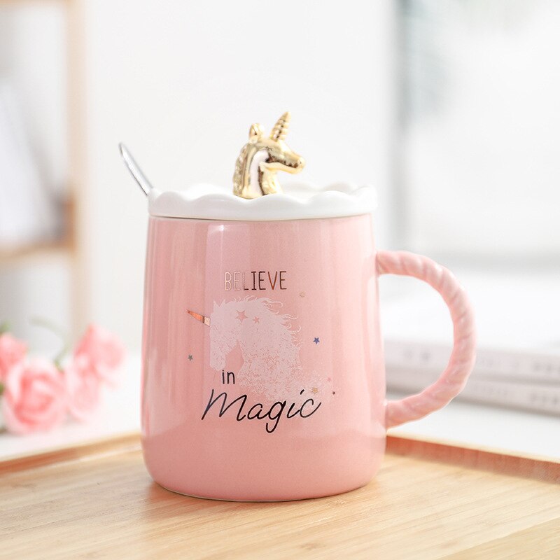 Taza de unicornio rosa, Taza de cerámica con tapa, cuchara creativa, tazas de café de agua: A