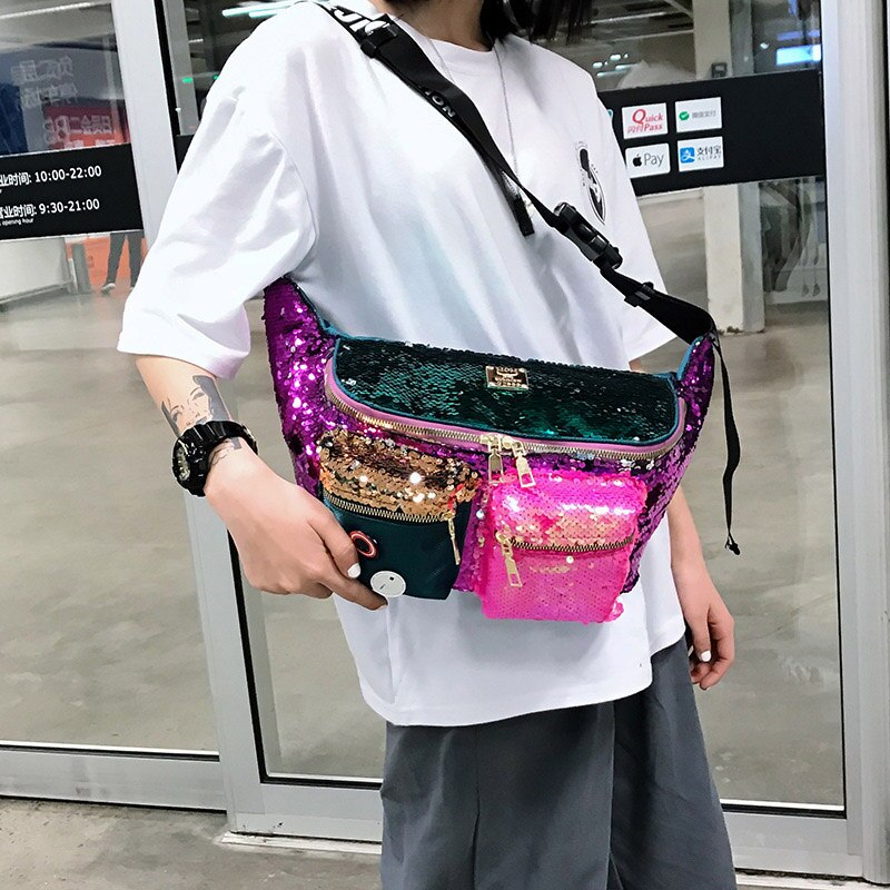 Kleur Pailletten Vrouwen Taille Tas Grote Capaciteit Hip Hop Fanny Pack Meerdere Zakken Riem Zakken Vrouwelijke Schouder Crossbody Borst tas