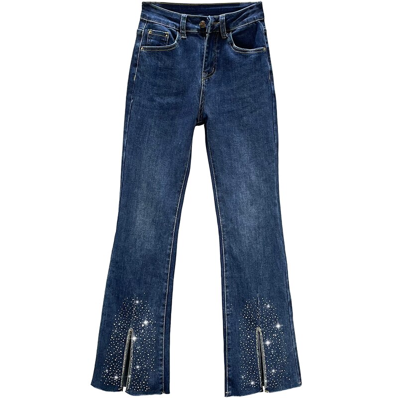 Jean fendu bleu foncé pour femme, slim, taille haute, évasé, élastique, automne