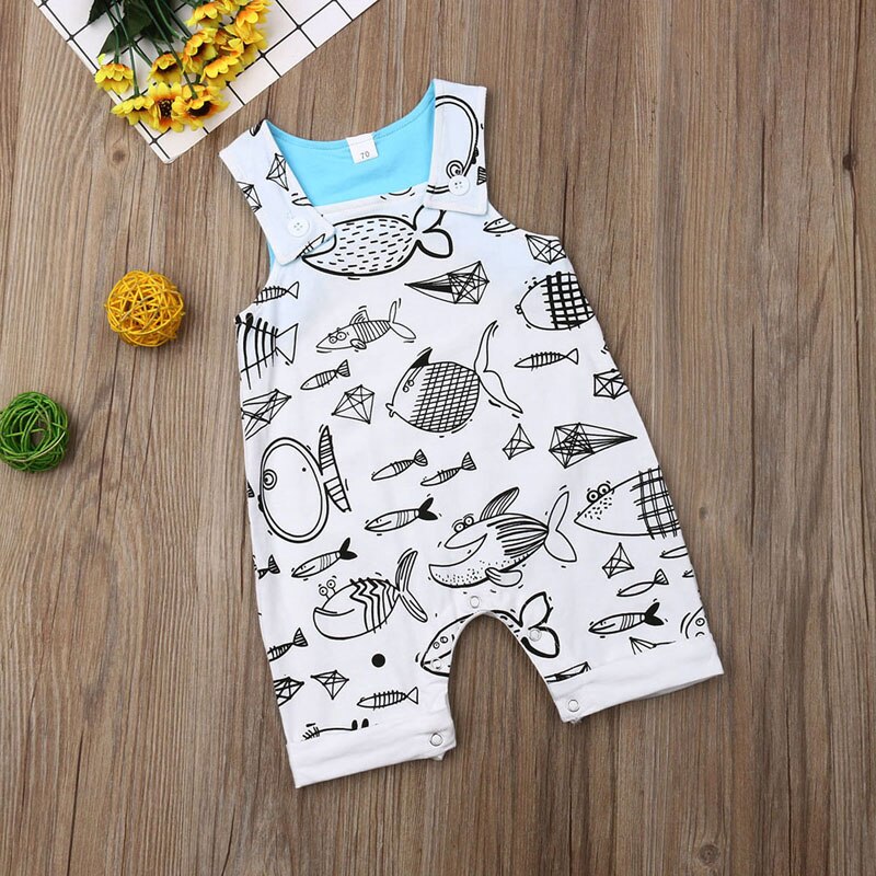 Focusnorm Newborn Infant Baby Boys Girls Romper Cartoon Print Fish Sleeveless Romper 1PC Outfit Clothes