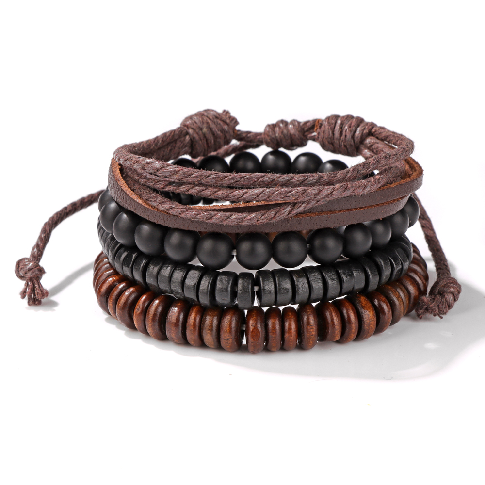 Pulsera de cuentas de madera multicapa para hombre, pulsera de cuerda de cuero marrón Vintage hecha a mano, pulseras nuevas étnicas, brazalete, de joyería 2024: Verde oscuro