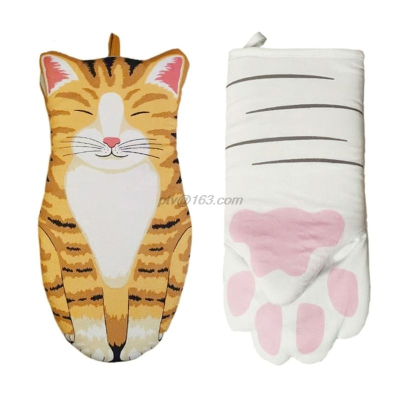 3D dessin animé chat pattes four mitaine longue coton cuisson isolation gants micro-ondes résistant à la chaleur anti-dérapant cuisine gants