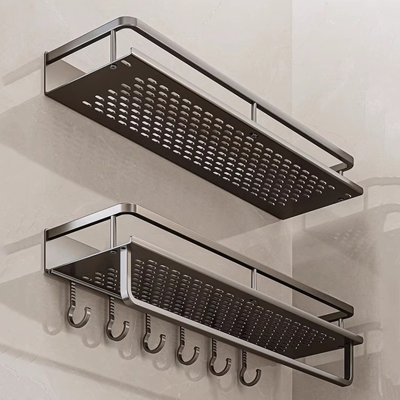 Estante de baño con barra de toalla montado en la pared, estante de ducha de aluminio gris, soporte de champú de baño negro, soporte de cesta, estante de esquina