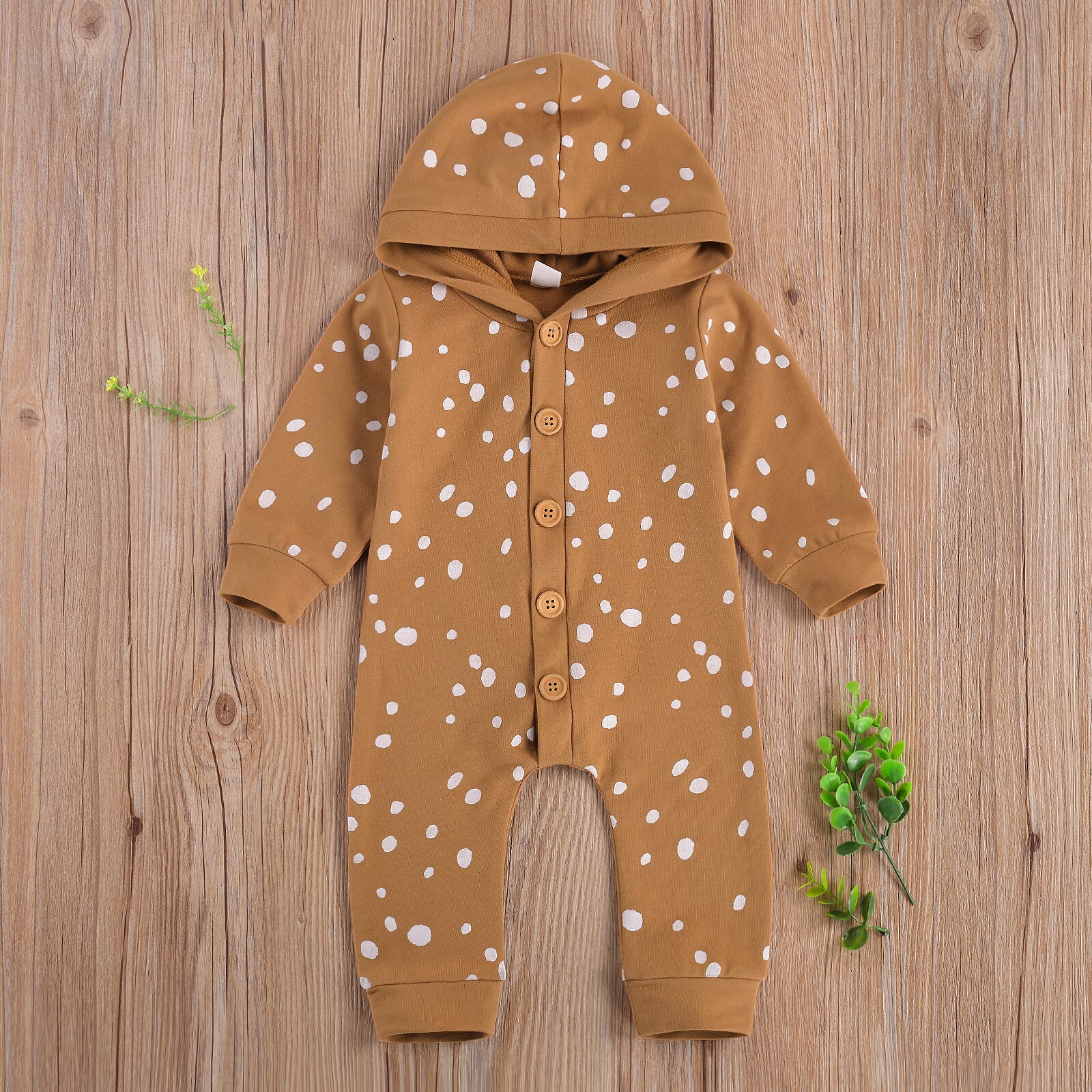 2020 nova queda outono 0-24m da criança do bebê menina menino pontos imprimir único breasted com capuz macacão manga longa botão para baixo macacão