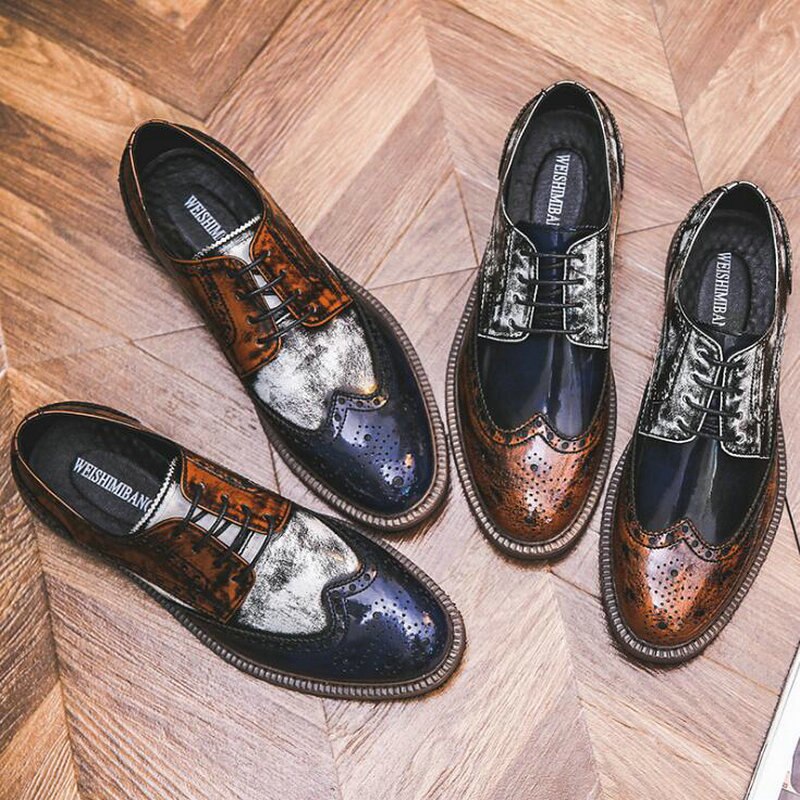 Men Mixed Colors Dress Leather Shoes Lace-Up Wedding Party Shoes Mens Brogue Business Office Oxfords Flats 789