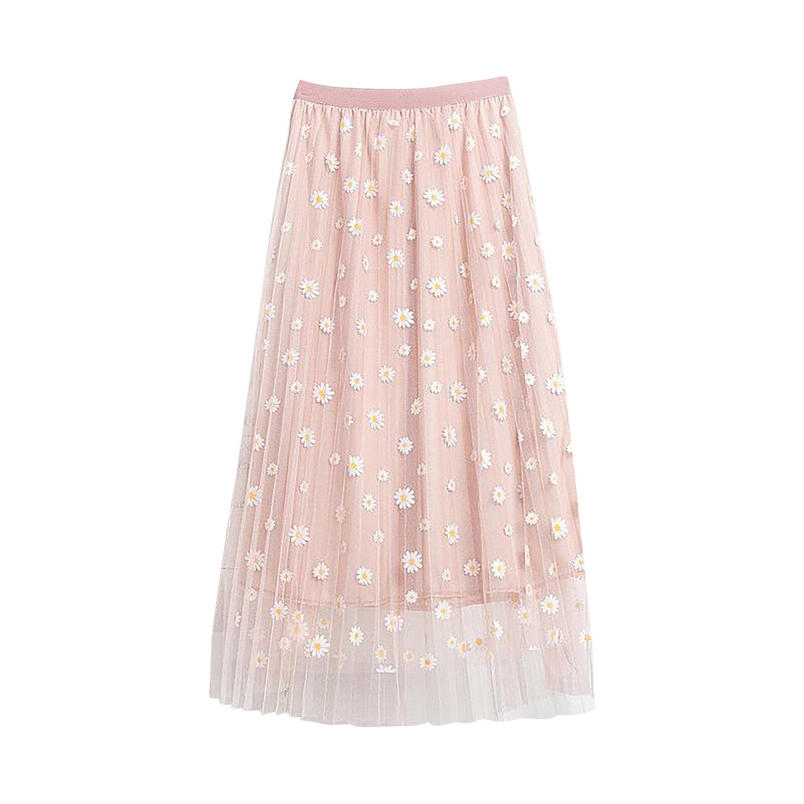 Vrouwen Bloemen Geplooide Mesh Overlay Elastische Taille Grote Schommel A-Linetulle Rok Rok Bloemen Print Chiffon Zwarte Rok