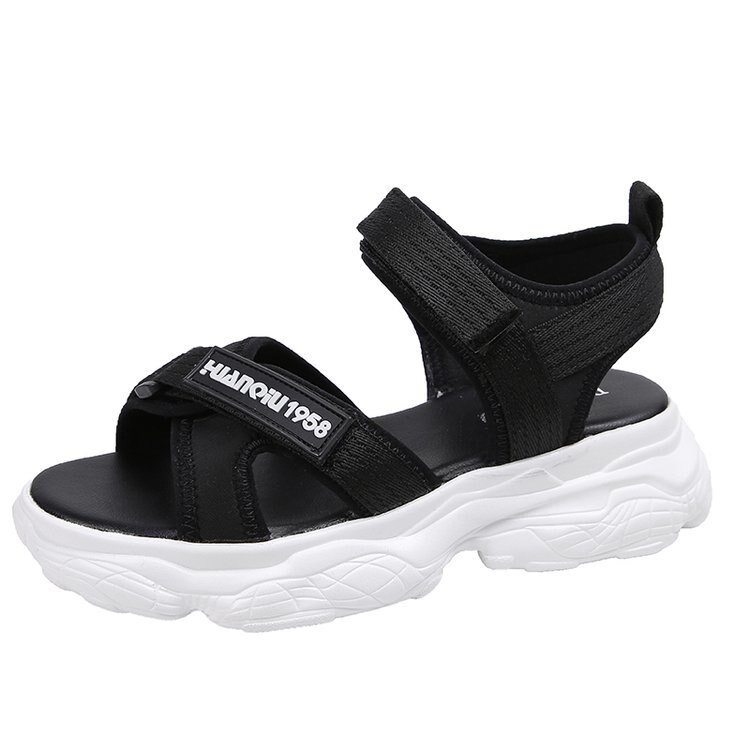 Fujin sandalen dames zomer klittenband dames slippers ademend mesh casual ondiep platform strand dames schoenen: Zwart / 5.5