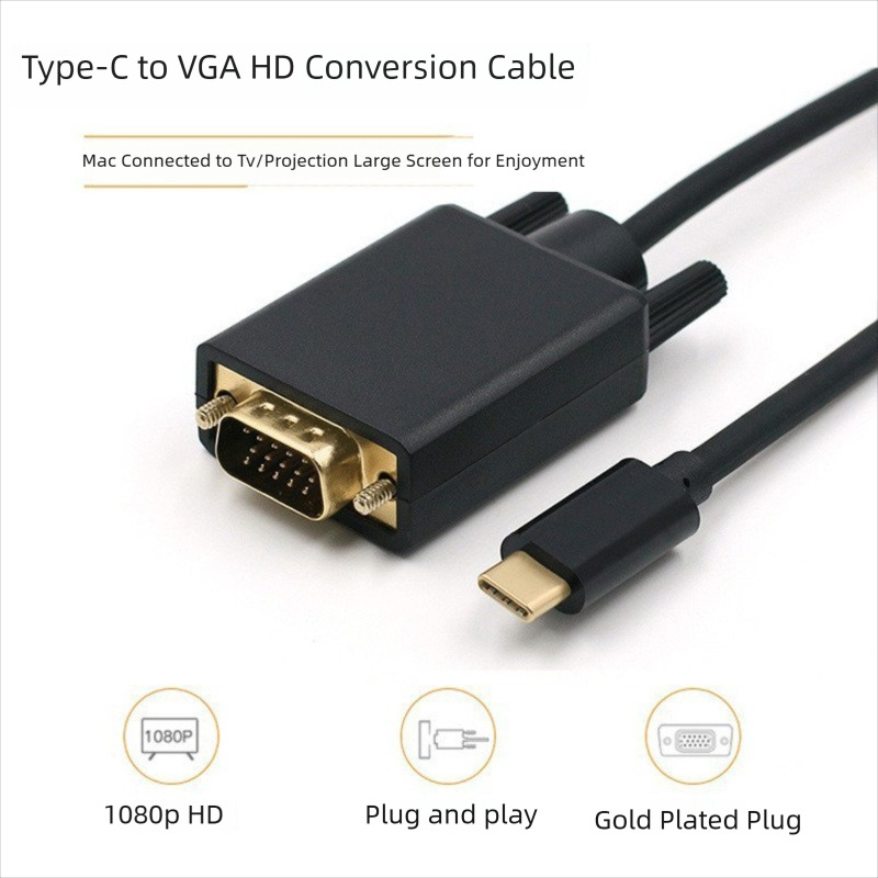 1.8m USB-C Thunderbolt-3 naar VGA Adapter Kabel USB 3.1 Type-C Male naar VGA Male Converter voor Macbook Laptop Monitor Projector