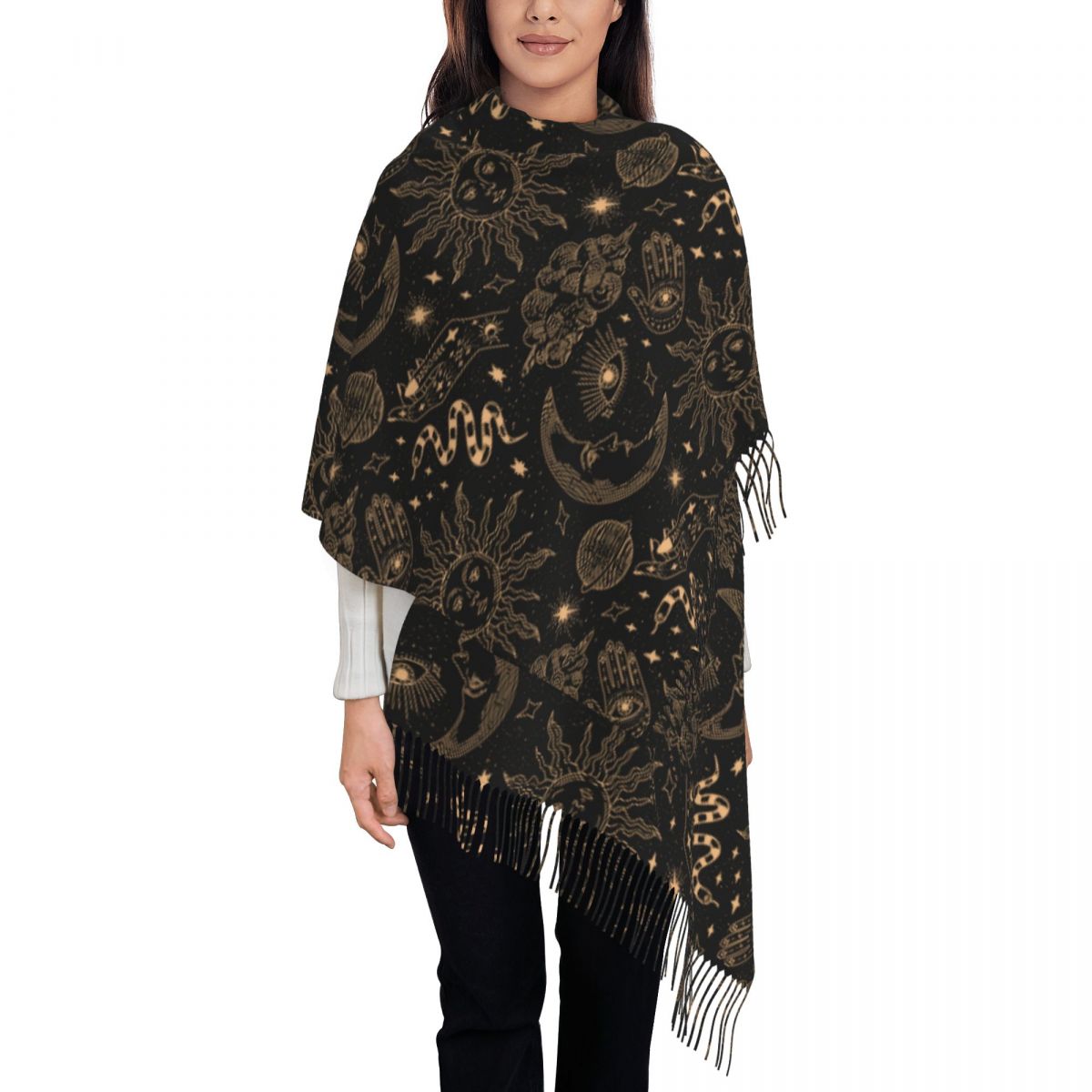 Bufanda celestial con estampado personalizado de cigarra esotérica y polilla, bufandas cálidas para hombres y mujeres, chales góticos con de sol y luna: Azul