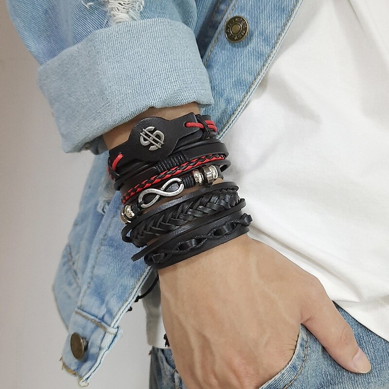 Vintage Infinity Dollar Sign Multilayer Lederen Armbanden Mannen Mode Gevlochten Handgemaakte Ster Touw Wrap Armbanden Mannelijke