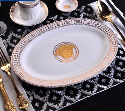 Luxury European Large Oval Ceramic Fish Plate Gold Head Show Dinner Plates Home Decoration Wedding: 03