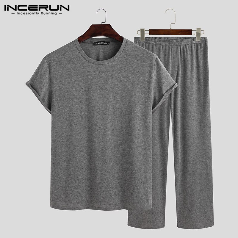 INCERUN Men Solid Pajama Sets Short Sleeve O Neck Tops Elastic Waist Pants 2 Pieces Man Breathable Homewear Loose Suit Plus Size
