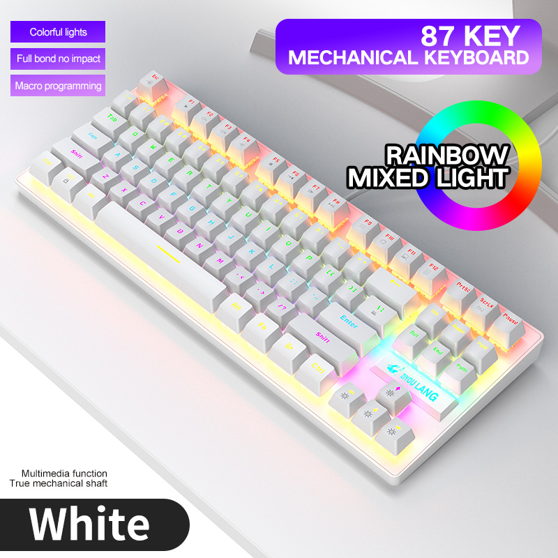 Colorful Backlit Gaming Mechanical Keyboard 87Keys Blue Switch Rainbow Backlight Game Wired Keyboard for Office Laptop PC Gamer: XJP003White