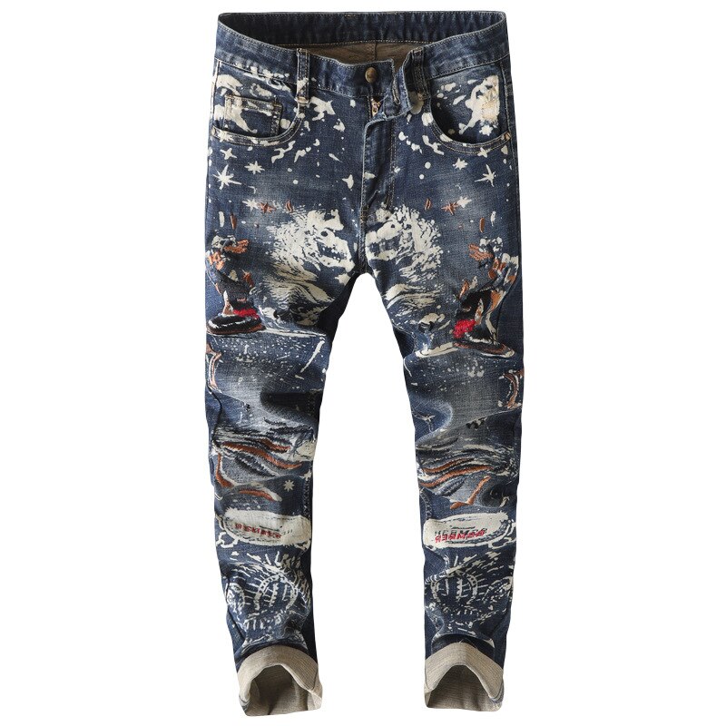 Men's Embroidery Painted Jeans Stretch Denim Slim Pencil Pants Embroidered Trousers