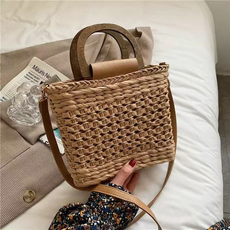 Handbediende geweven tas met houten handvat Zomer Cool Nieuw licht Luxe Mode Strand Vrije tijd Reizen Crossbody Handtas Schoudertas: Black