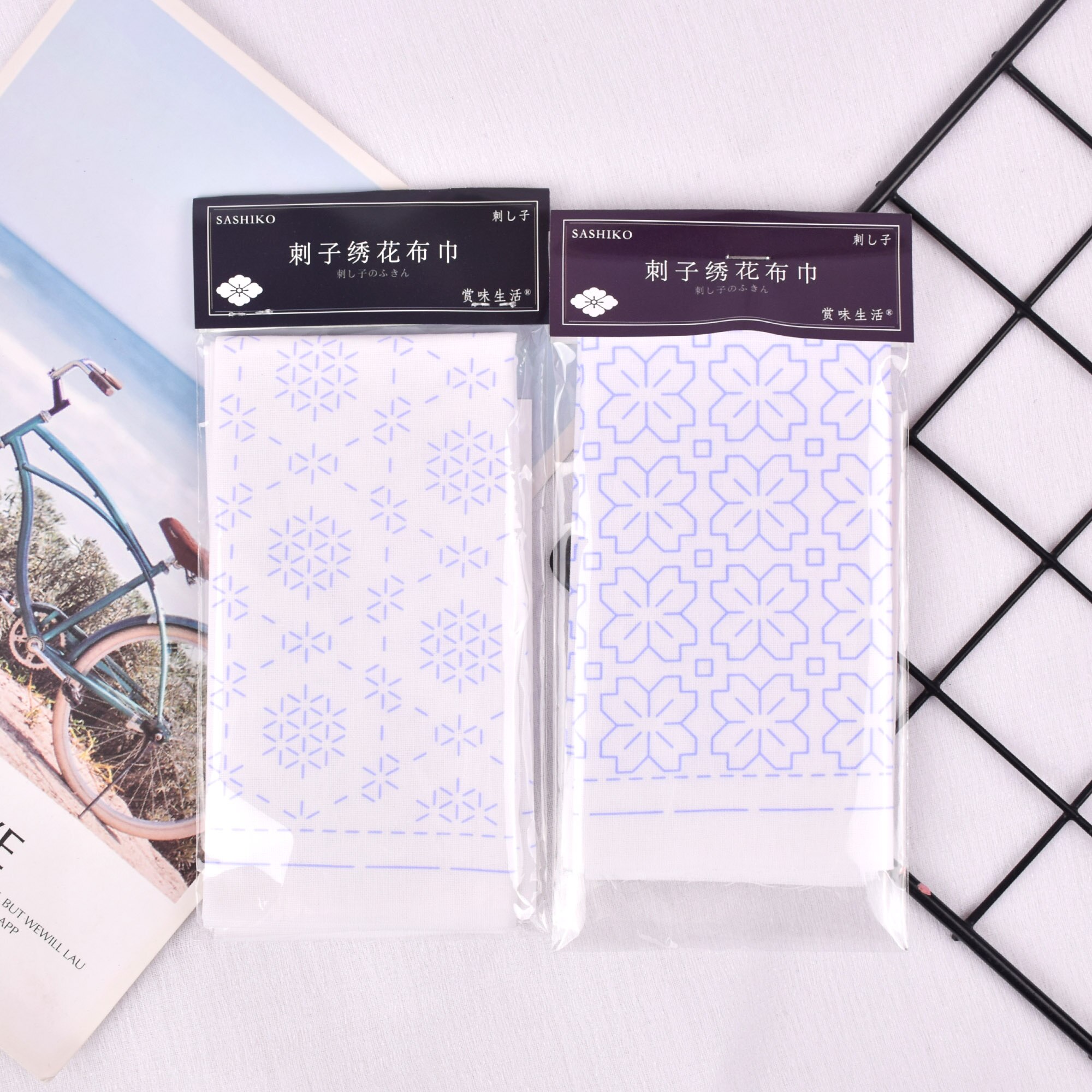 Sashiko kit,Pre-printed pattern, Sashiko Sampler Kit,10 patterns option,DIY for Crafters, Beginner Kits,White Towel Kit