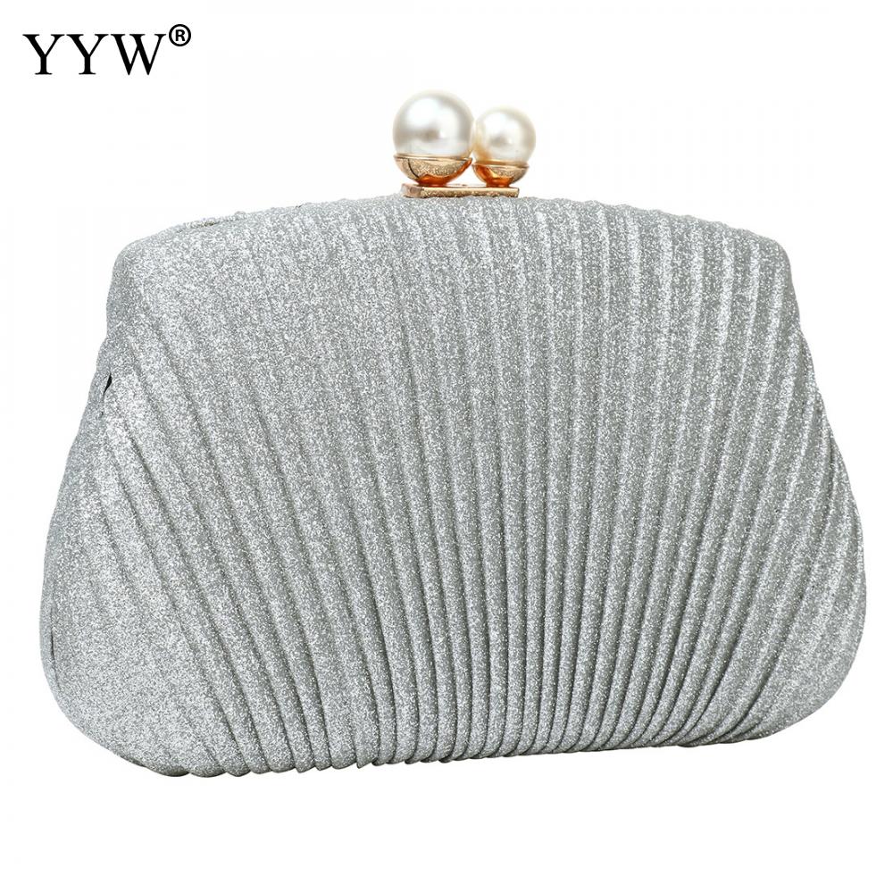 Abendtasche für damen, einfarbig schwarz, gold-silberfarben, mit perlenschnalle, geeignet für hochzeiten oder partys: Silber