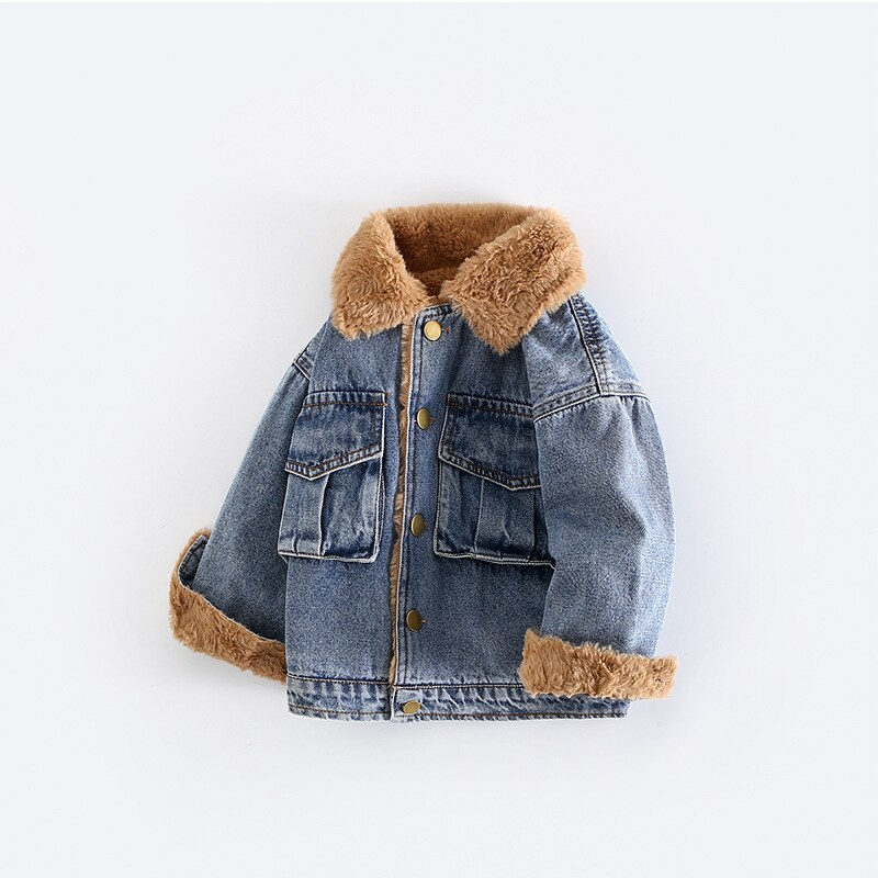 Jongens Denim Jassen Kids Turn Down Kraag Fluwelen Warm Jean Jas Winter Kinderen Pocket Toevallige Bovenkleding