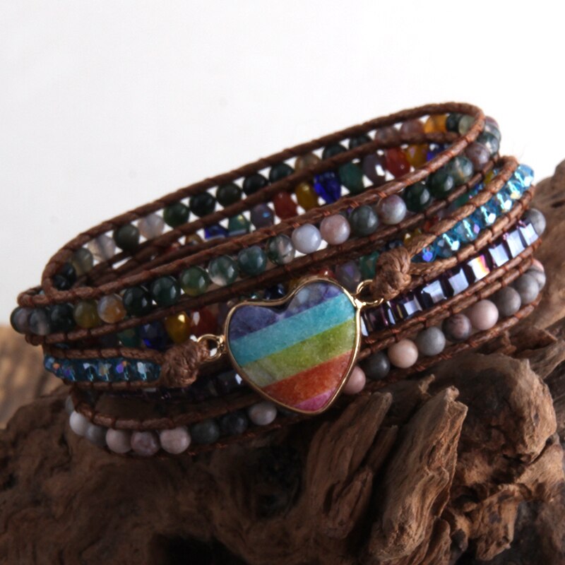 RH Bohemian Jewelry Women Vegan Boho Bracelet Mixed Natural Stones Heart Charm 5 Strands Wrap Bracelets: MULTI