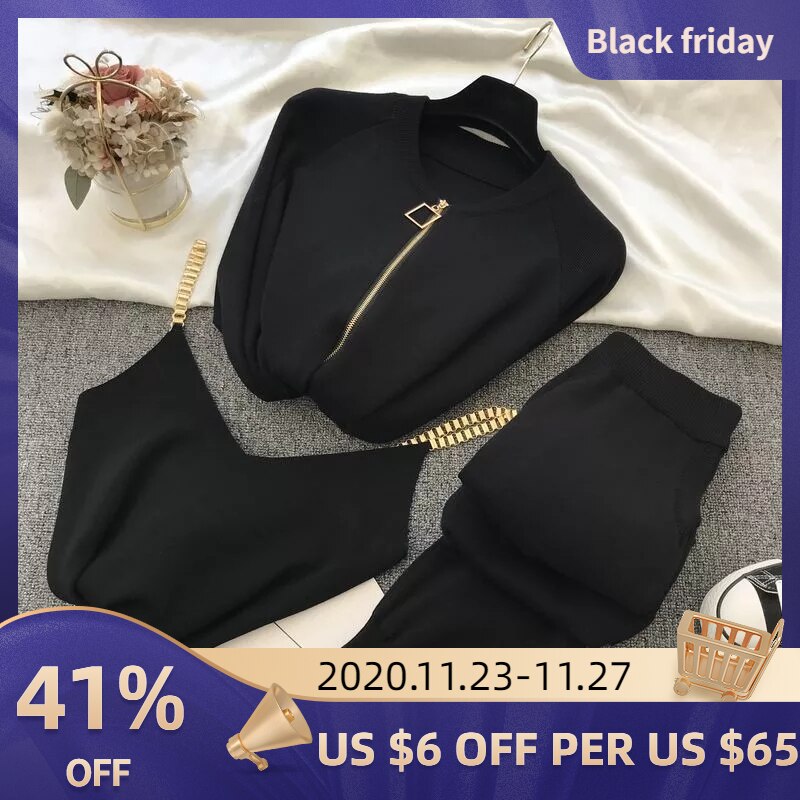 Fionto damespak herfst casual gebreide trui driedelige set productketen vest gebreid jasje + elastische broek