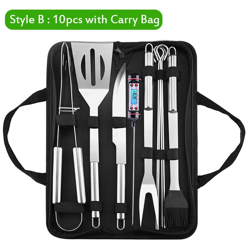 21Pcs Stainless Steel BBQ Tools Set Barbecue Grilling Accessories Utensils for Camping Party Outdoor Cooking BBQ Tools Kits: 10pcs with Carry Bag