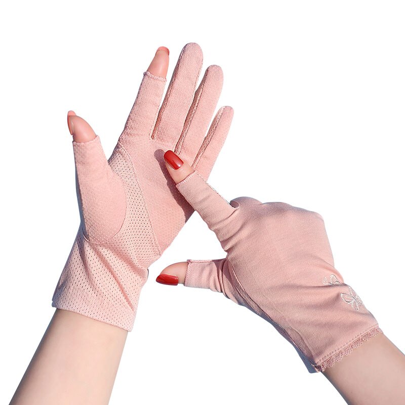 Zomerhandschoenen voor dames met zonbescherming, halfvingerige handschoenen van puur katoen, ademend, antislip, geschikt voor touchscreen, fietshandschoenen.: Roze