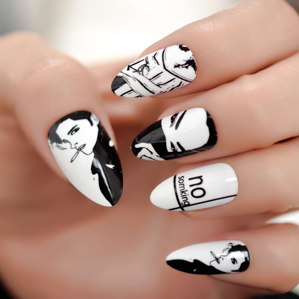 Stiletto bande dessinée fumer blanc faux ongles noir moyen artificiel ongles conseils dessin animé modèle manucure faux ongles: L5149