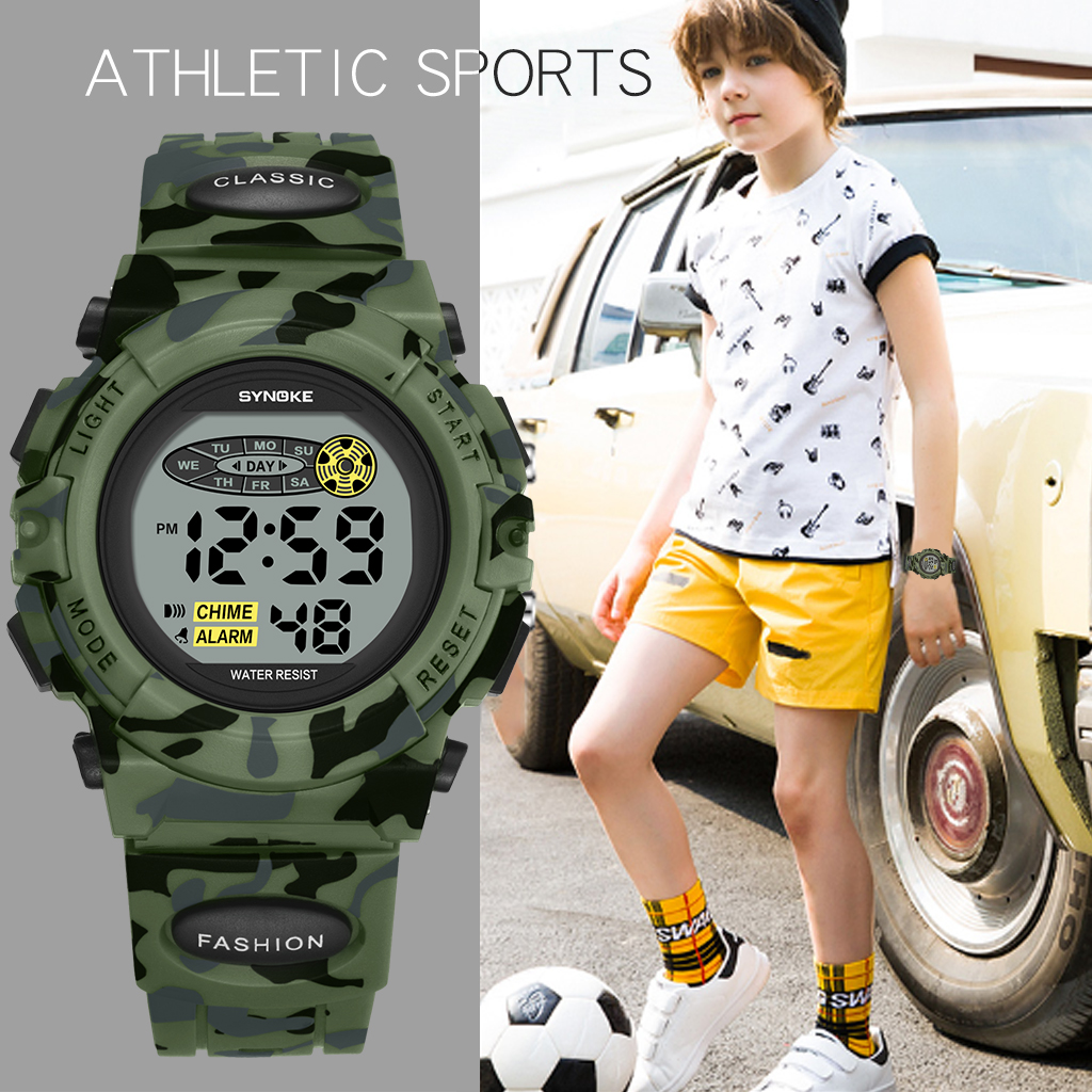 SYNOKE Student sporthorloge voor kinderen Kleurrijke elektronische horloges Waterdichte klok Kinderen digitaal horloge voor jongens Camouflage