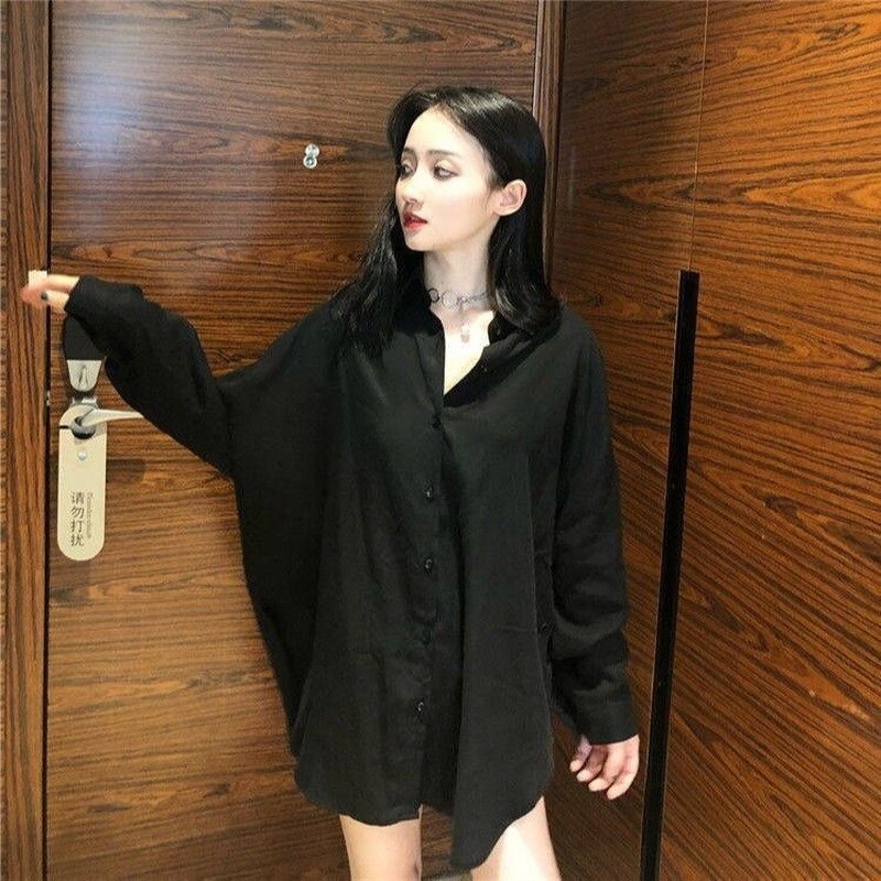 Blusas de gasa para mujer, camisas de manga larga negras BF Ulzzang, blusas holgadas combinables a la para mujer, Tops Chic informales sencillos para estudiantes