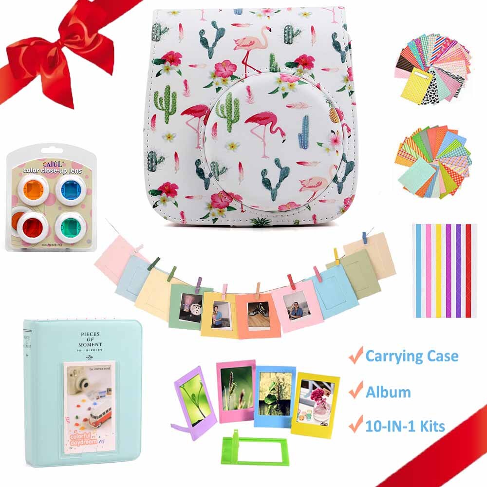 Voor Fujifilm Instax Mini 9 Mini 8 Instant Camera Schilderen/Rose Draagtas Tas Cover Pu Leather Pouch + album + 10-In-1 Kit: Flamingo Cactus Set