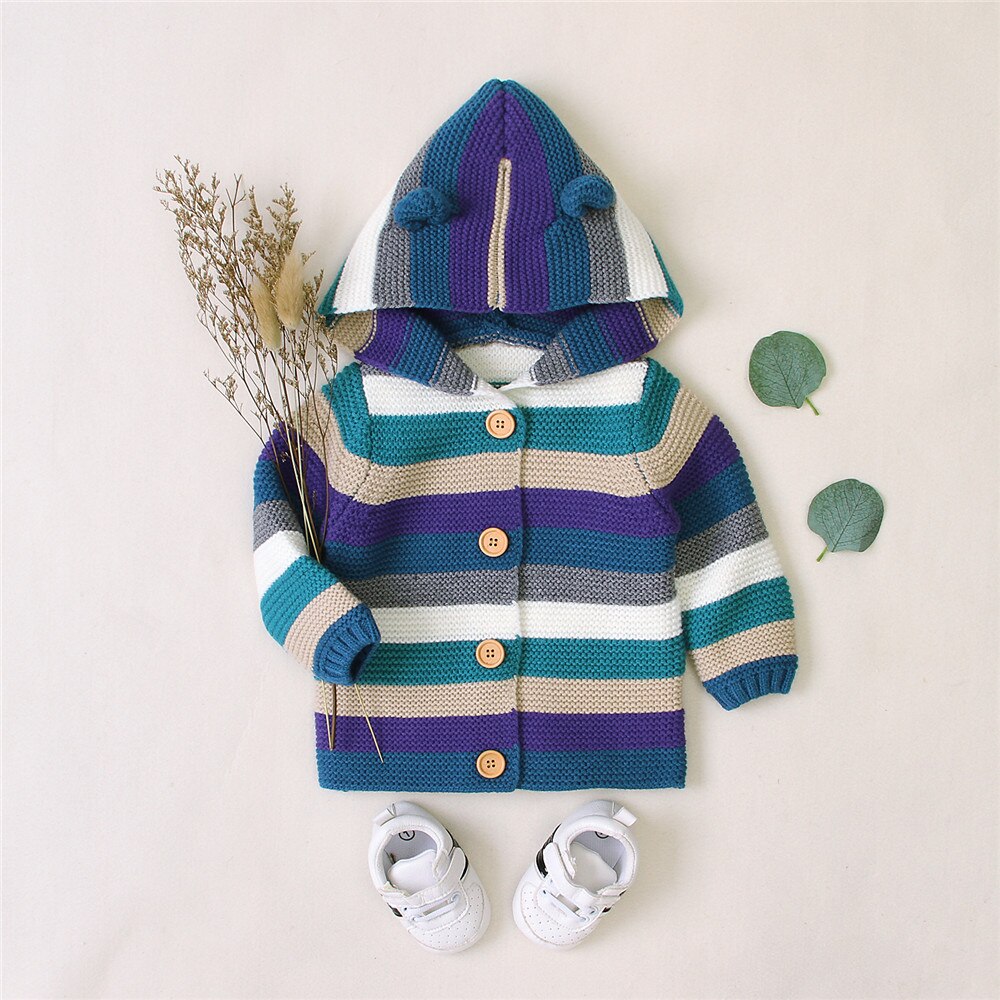 Spring Autumn Baby Boys Girls Toddlers Knitted Cardigan Sweet Style Mixed Color Stripe Long Sleeve Single-breasted Hooded Top