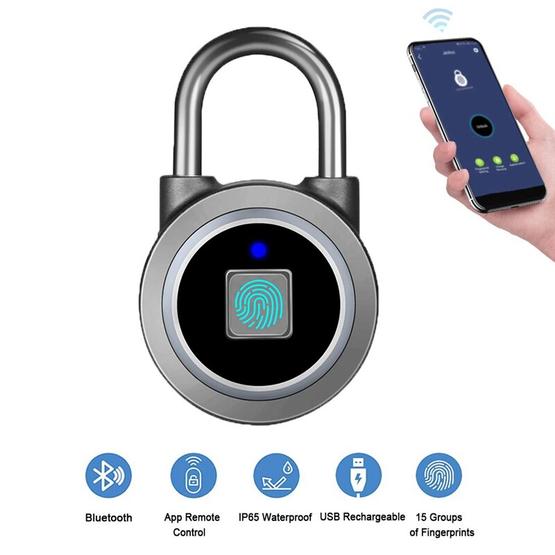 Fingerprint Padlock, Bluetooth Lock, APP, IP65 Waterproof, Smart Padlock with Keyless Biometric Suitable for Gym, Sports, Bike,