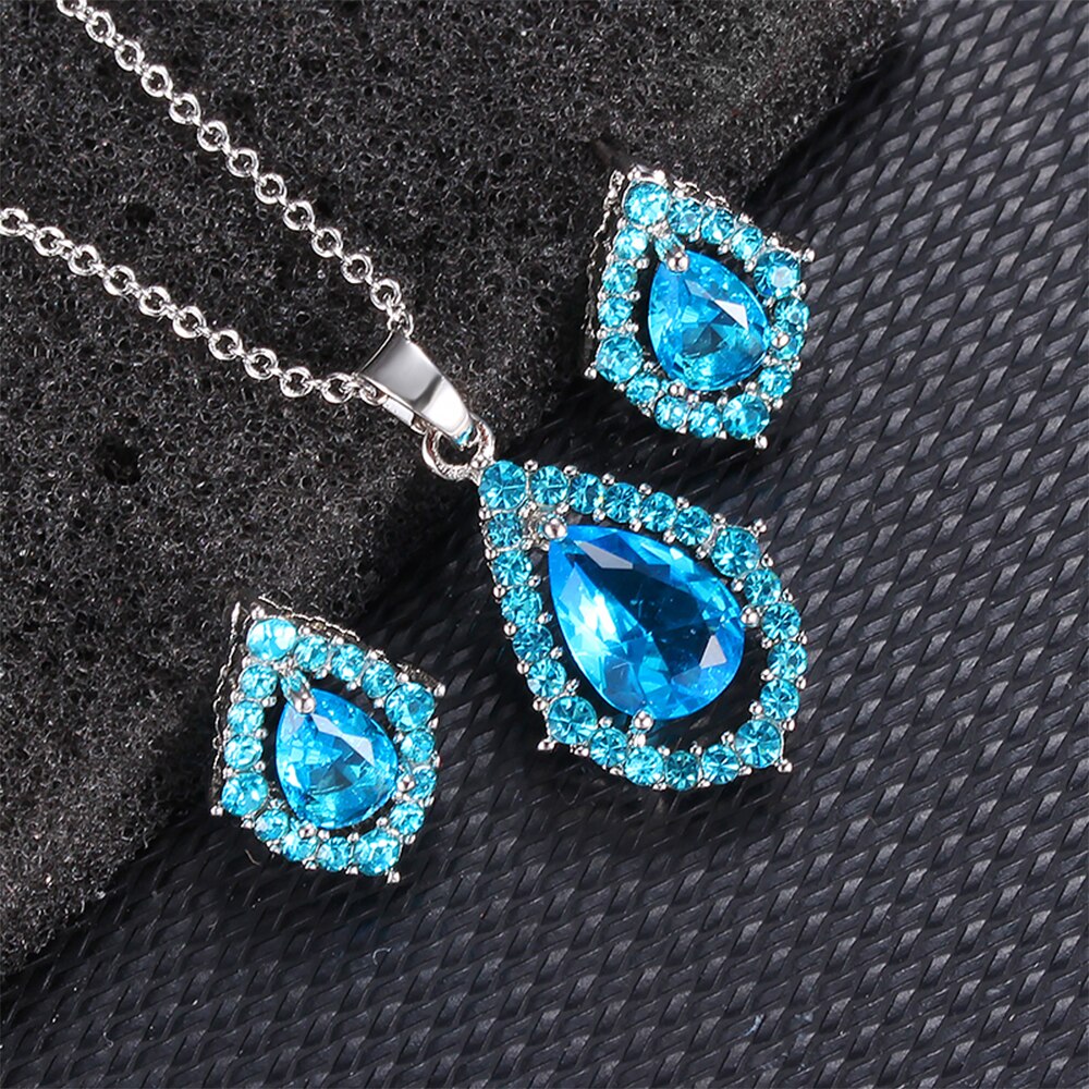 Vrouwen Ketting Oorbellen Verzilverd Zirconia Sieraden Set Mode Eenvoudige Sieraden Set Geven Vriendin: sea blue
