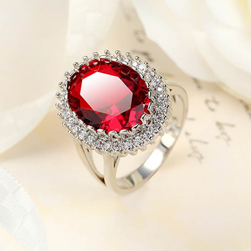 Cellacity Trendy Oval Gemstones Ring for Women Female Fine Jewelry Sterling Silver 925 Ruby Aquamarine Zirocn Luxury Party Rings: 10 / red