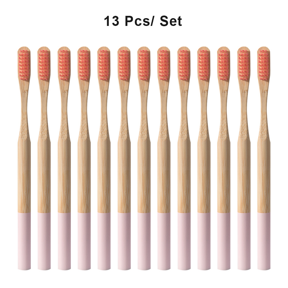 Miljövänligt trä regnbågtandborste bambu 12/13 st tandborste bambufiber träskaft tandborste blekning färgglad: 13 st rosa