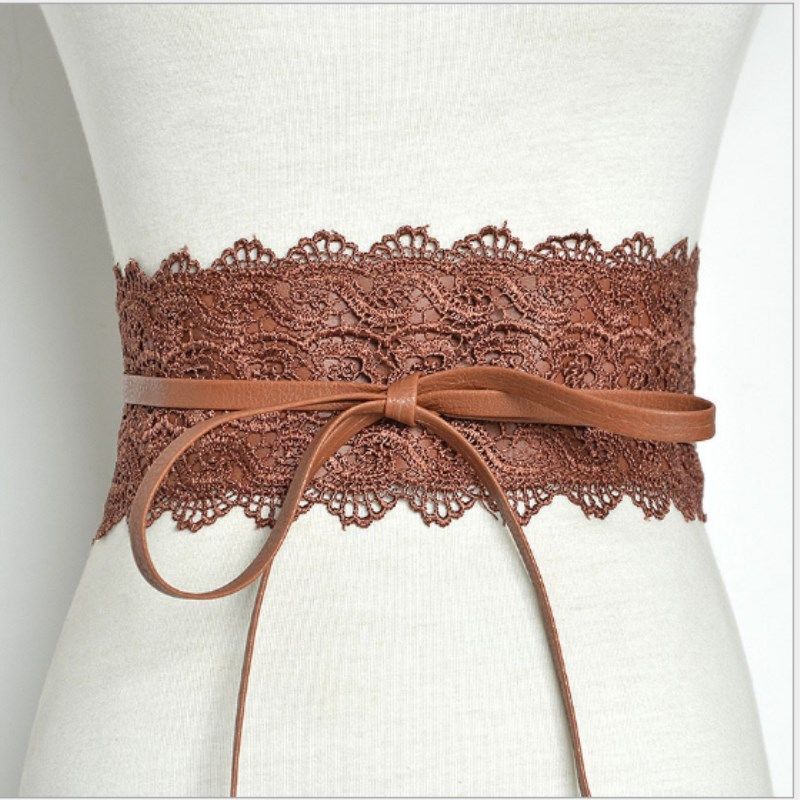 Women Lady Stretch Buckle Waist Belt Wide Lace Elastic Waistband Wide Corset Lace Belt Female Wedding Dress Waist Band: Brown