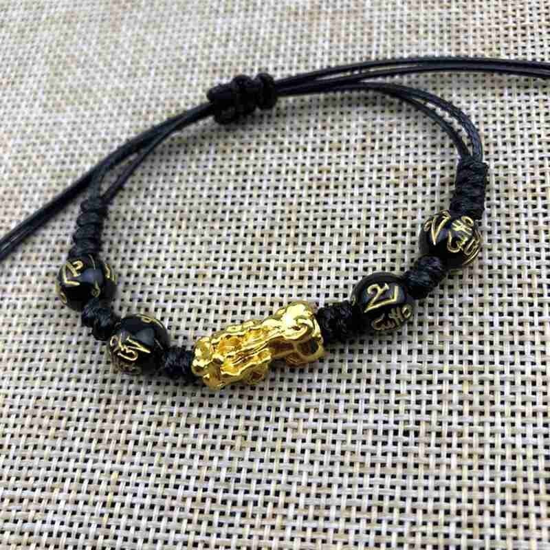 Unisex Feng Shui Obsidiaan Steen Kralen Armband Touw Polsband Gold Rijkdom Gezondheid Rijke Geluk Armband Voor Vrouwen Mannen