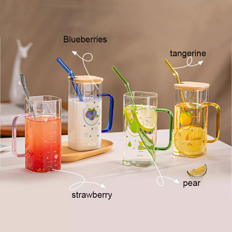 Taza de vidrio con pajita y báscula, vaso transparente con tapa y mango para café helado, taza para beber zumo, leche y té, 350ml