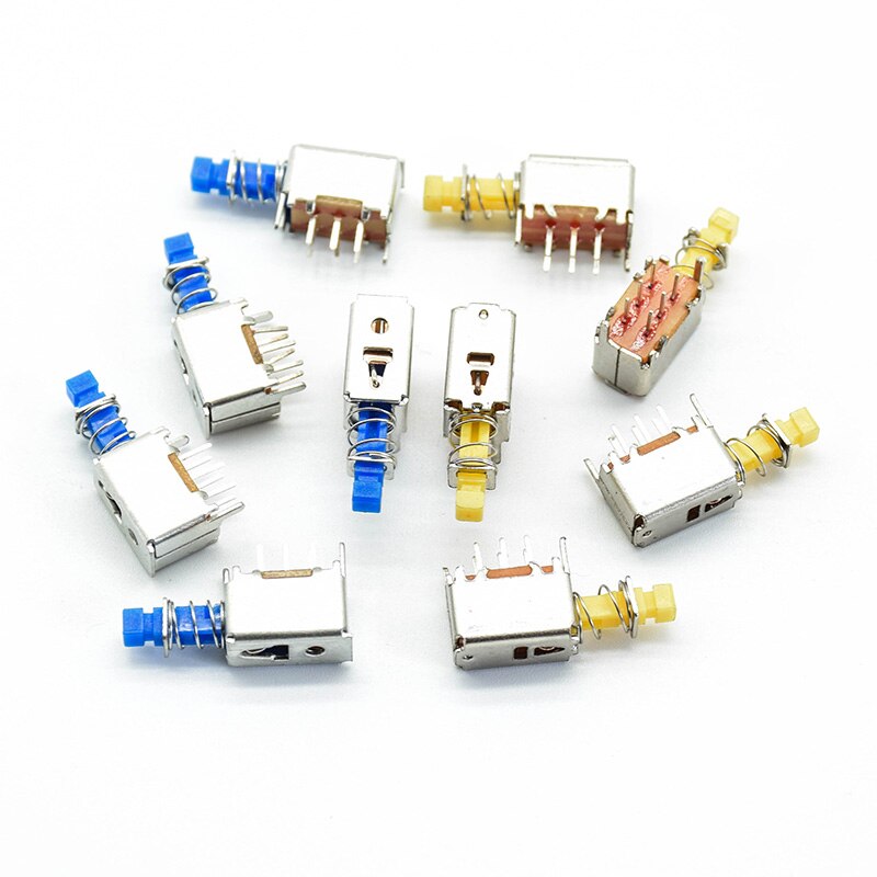 5pcs Right Angle PCB Latching Push Button Switch DPDT Double Pole 6 Pin self-locking key power switches red blue yellow A03/04