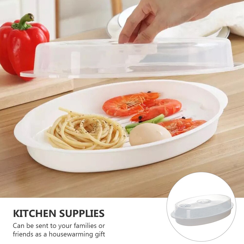 1pc Microwave Oven Kitchen Steamer Plate Food Steaming Tool with Lid (White)