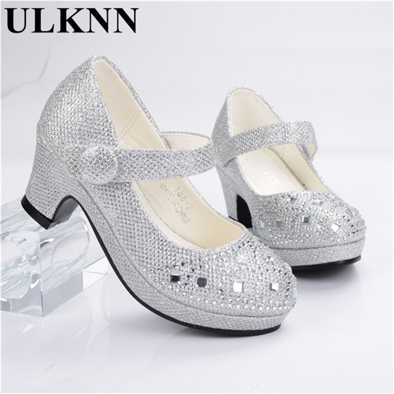 Zapatos con purpurina ULKNN para niñas, niños, Lazo de cristal, tacones altos brillantes, zapatos de princesa, zapatos nuevos de Boca de pescado para niñas, tacón alto, oro plateado