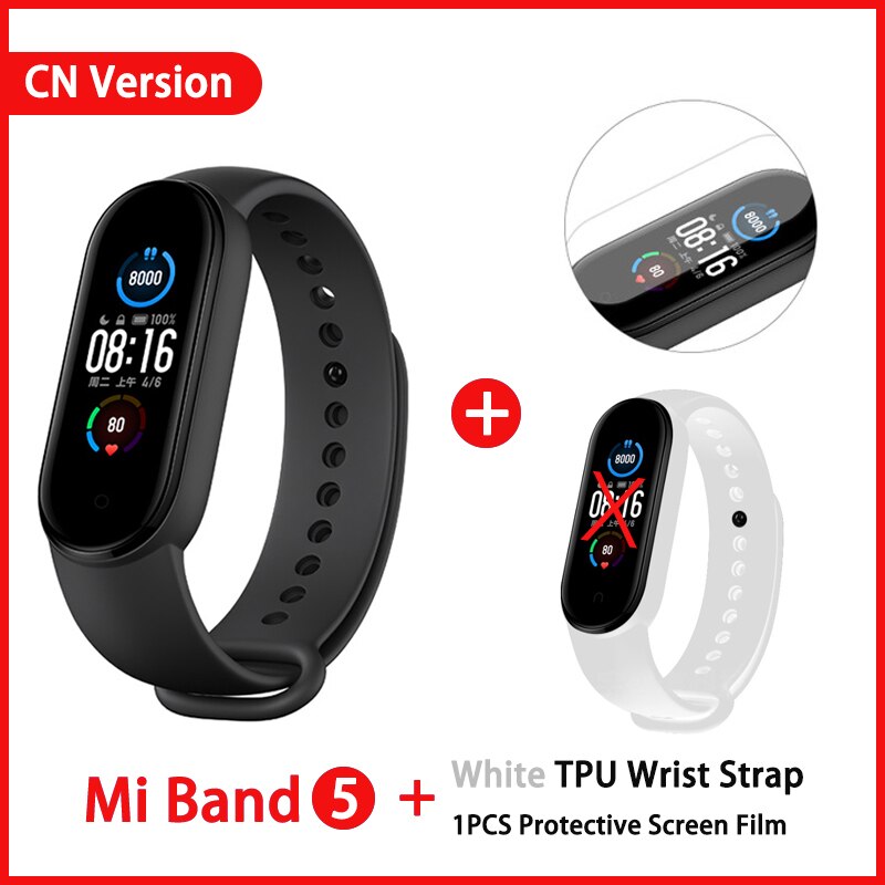 Xiaomi Mi Band 5 Smart Armband 4 Kleur Amoled Screen Miband 5 Smartband Fitness Traker Bluetooth Sport Waterdichte Slimme Band: CN add White film